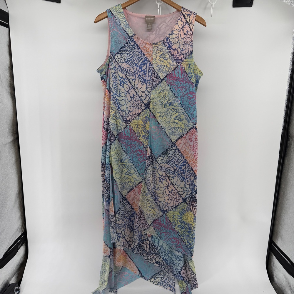Chicos Patchwork Floral Sleeveless Handkerchief Hem Midi Dress Pink Size 1 med